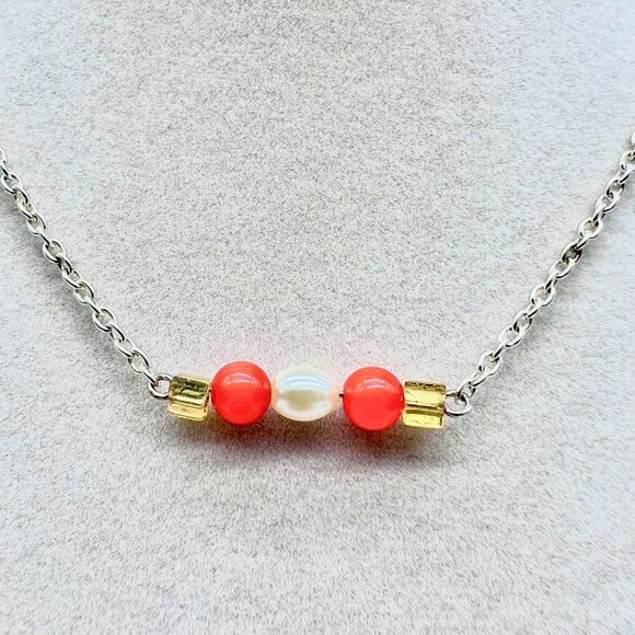 Handmade Orange Bead Faux Pearl Necklace & Earrings Set Gold Accents - Picture 3 of 11